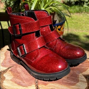 Dream Pairs Red Glitter Double Buckle Kids Over Ankle Boots EUC